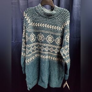 Style & Co. Teal and Cream Patterned Cowl Neck Sweater